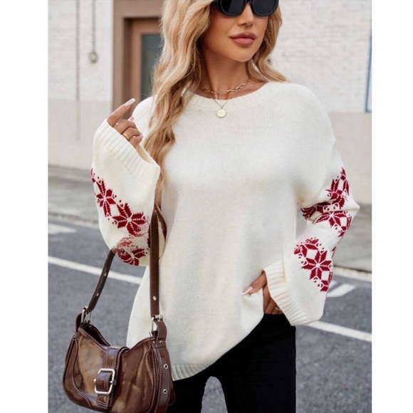 Bell Sleeve Crew Neck Snowflake Embroidered Knit Sweater - Picture 2 of 5